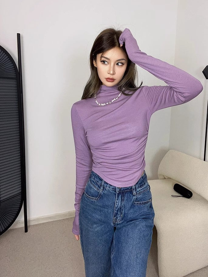 Solid Mock Neck Long Sleeve Tops Shirt