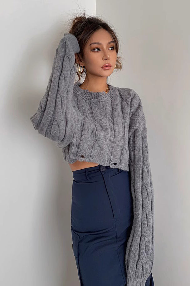 Ripped Crew Neck Cable Knit Crop Sweater