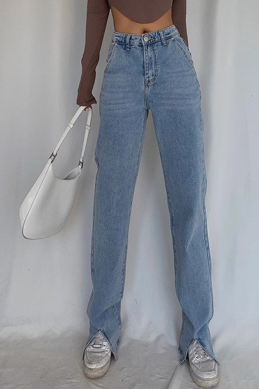 Nature High Waist Buckle Detail Straight Leg Jeans