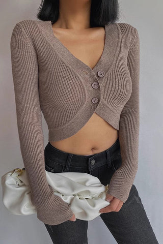 Rib-knit Buttoned Front Crop Sweater