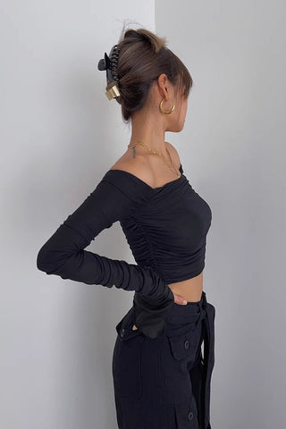 Off Shoulder Pleated Crop Tops Shirt