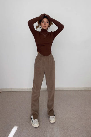 Nature High Waist Rib-knit Split Hem Pants