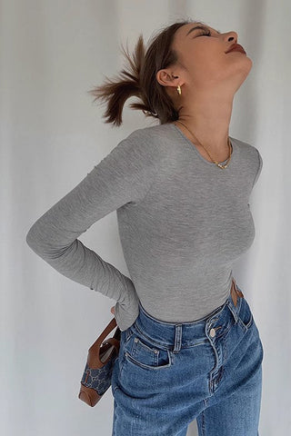 Long Sleeve Round Neck Ribbed Tops Fitted Basic Shirts