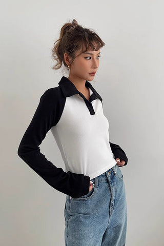 Contrast Lapel Neck Sweatshirt Tops Shirt