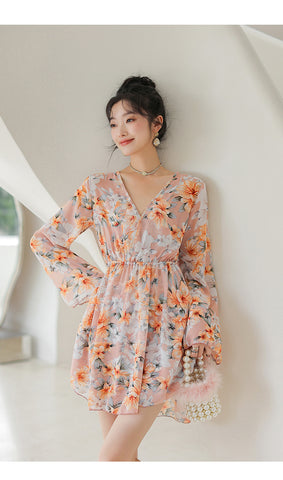 Boho Floral Print Ruffle Dress