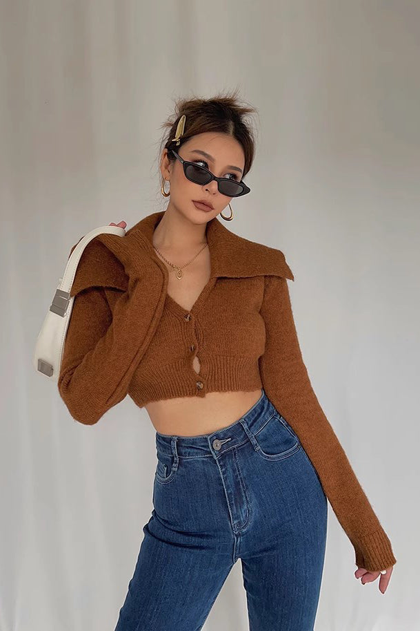 Lapel Neck Buttoned Front Crop Sweater