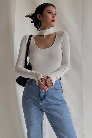 Ribbed Long Sleeve Cut Out Tops Shirt