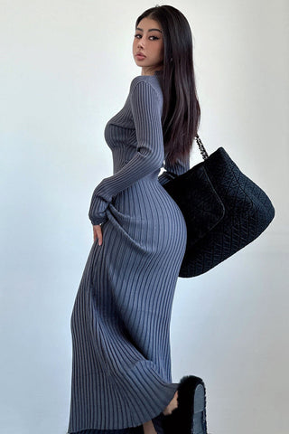 V-Neck Long Sleeve Knit Sweater Dress