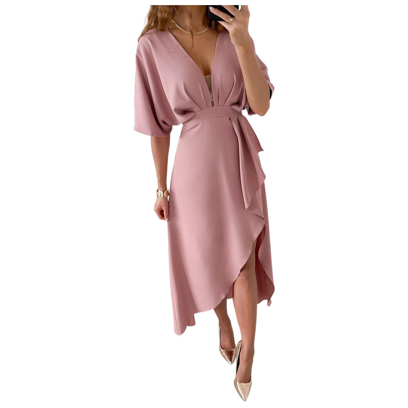 Solid Split Joint O Neck Irregular Dresses