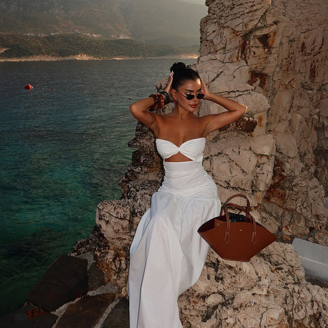 Beach style holiday tube top hollow dress
