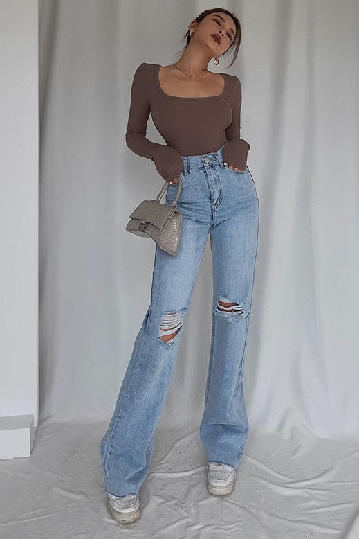 Ripped Pocket Side Straight Leg Jeans