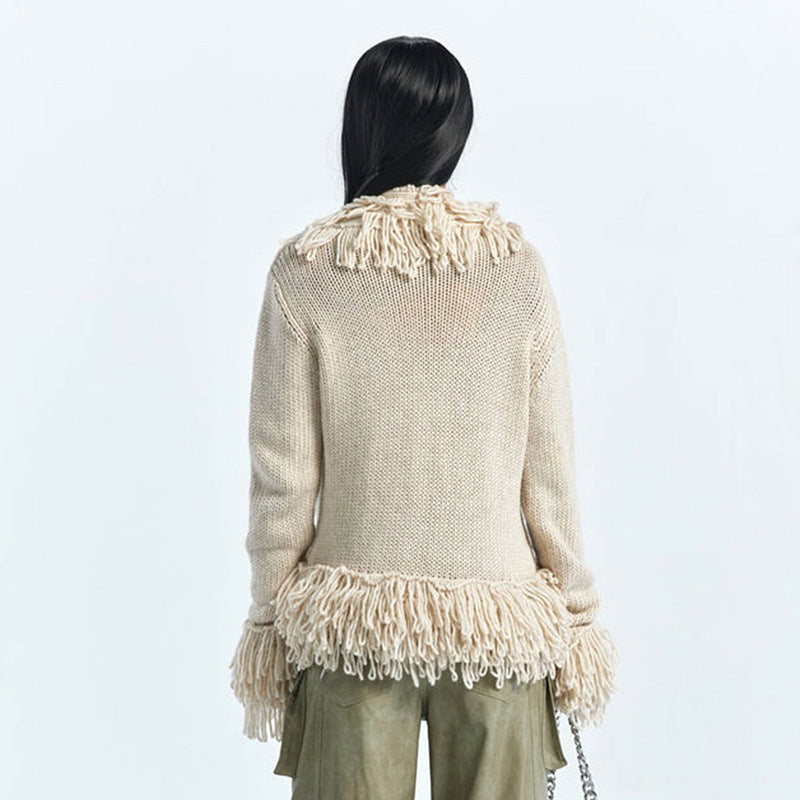 Spruce Fringe Knit Cardigan - Powder Beige