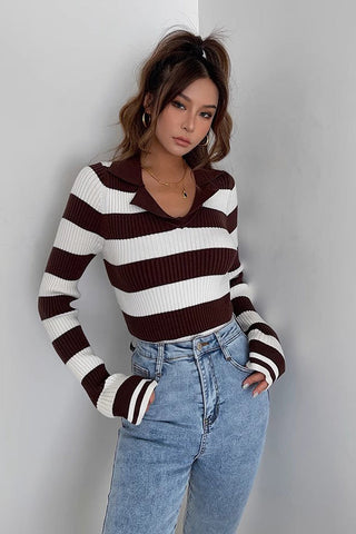 Striped Print Long Sleeve Rib-knit Sweater