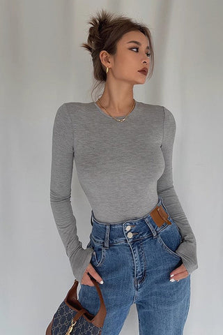 Long Sleeve Round Neck Ribbed Tops Fitted Basic Shirts