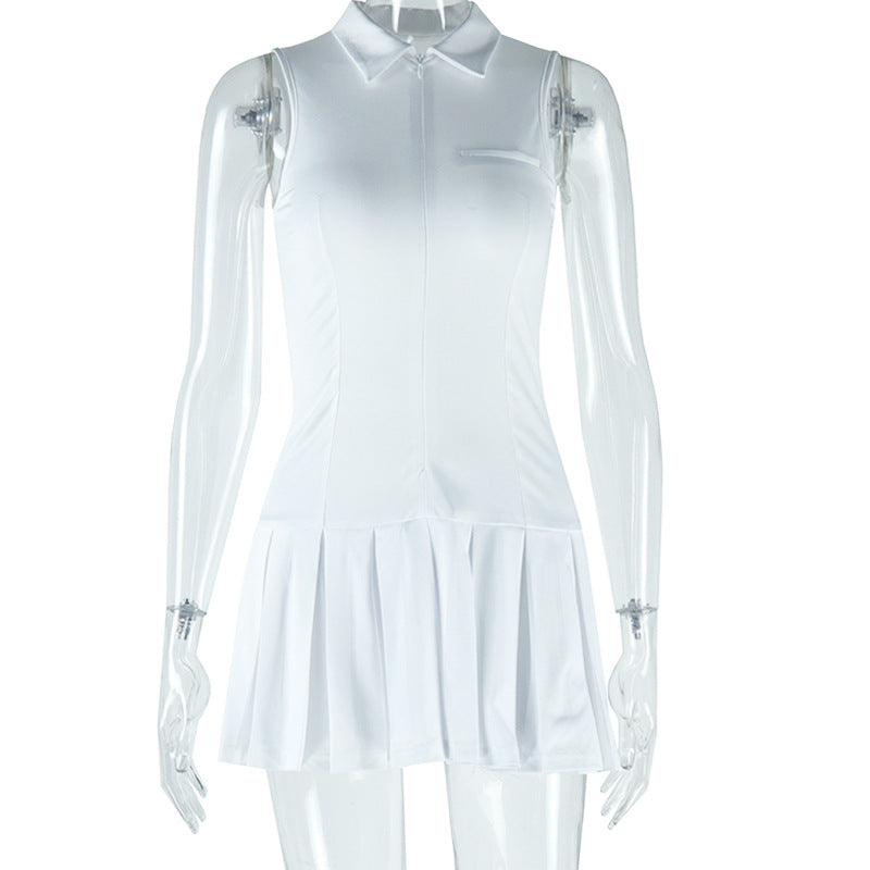 Solid Color Sleeveless Lapel Zipper Dress