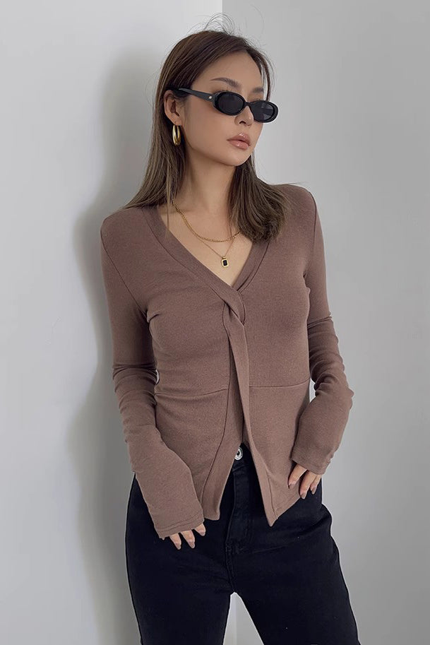 Long Sleeve Solid Tie Front Tops Shirt