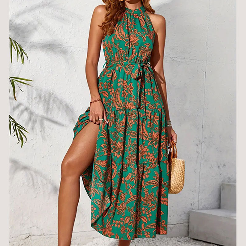 Halter Sleeveless Ethnic Print Long Dress