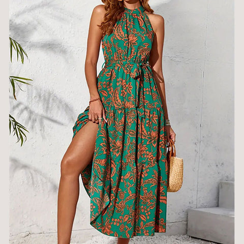 Halter Sleeveless Ethnic Print Long Dress