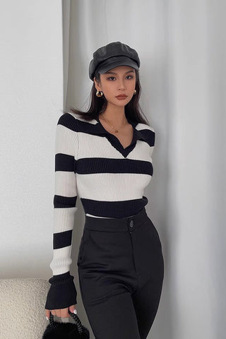 Striped Printed Ribbed Long Sleeve Sweater Sweatshirt