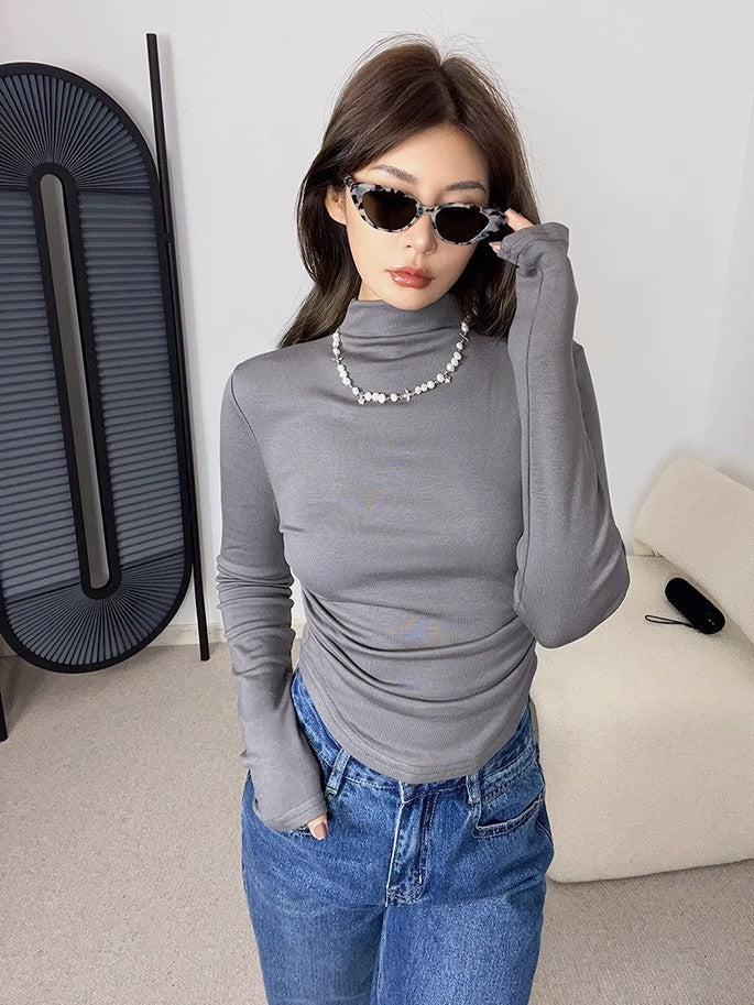 Solid Mock Neck Long Sleeve Tops Shirt