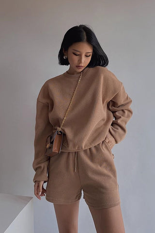 Solid Long Sleeve Sweater Sweatshirt and Drawstring Waist Short Two Piece Set