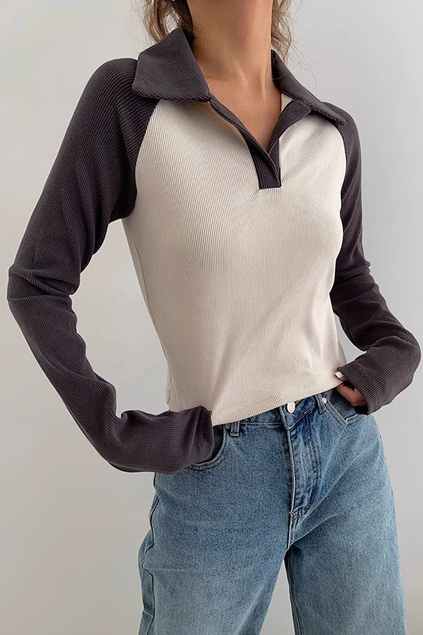 Contrast Lapel Neck Sweatshirt Tops Shirt