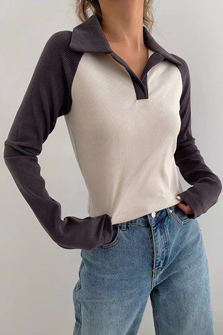 Contrast Lapel Neck Sweatshirt Tops Shirt