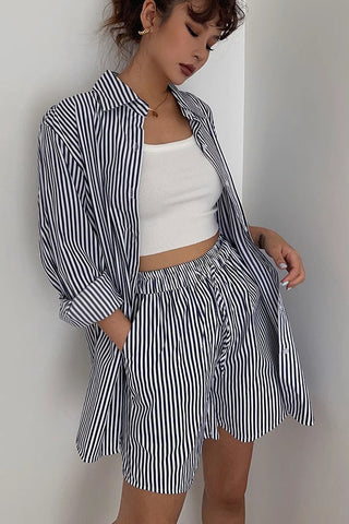 Striped Print Outwear Shirts and Drawstring Waist Shorts Two Piece Set