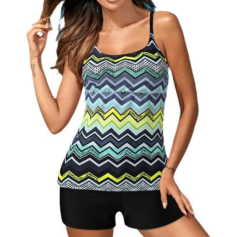 Purple Blue Zigzag Print Y Back Tankini Top