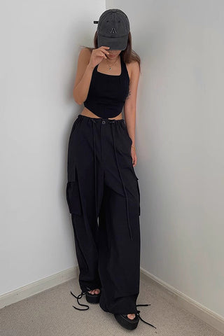 Zip Detail Drawstring Waist Cargo Pants