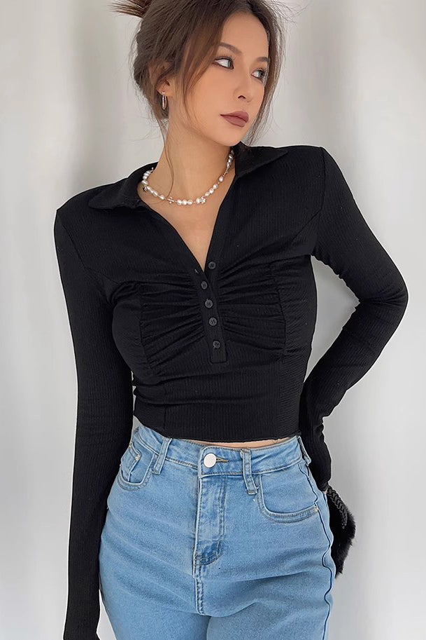 Ribbed Buttoned Front Crisscross T-Shirt