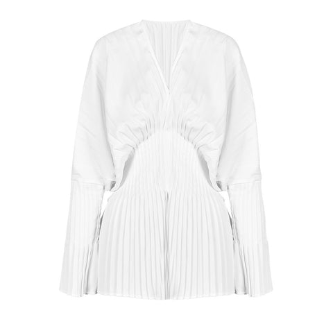 Architectural Pleated Balloon Sleeve V Neck Belted Zip Up Jacket