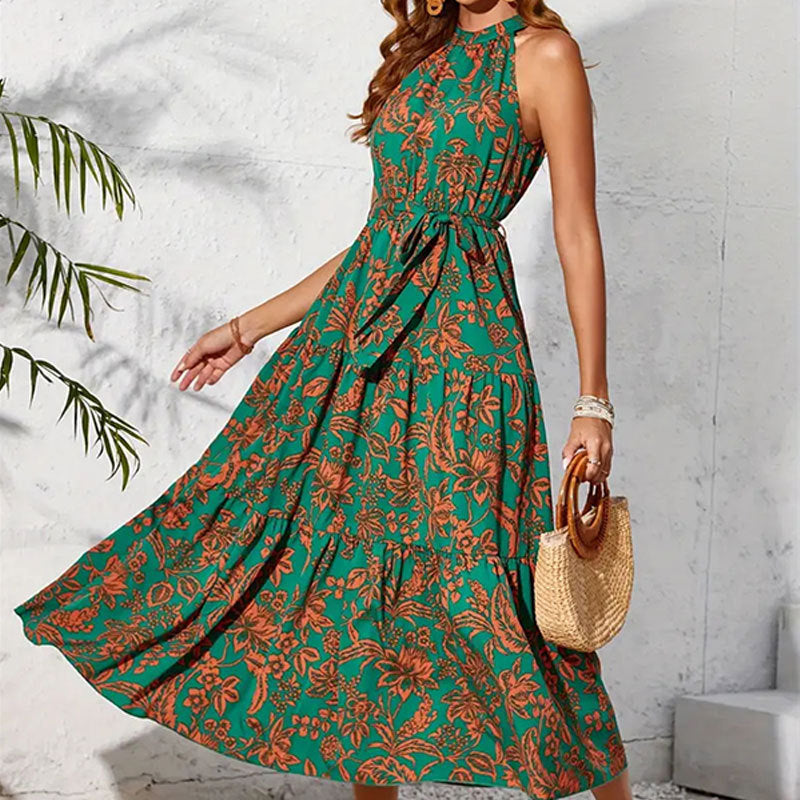 Halter Sleeveless Ethnic Print Long Dress