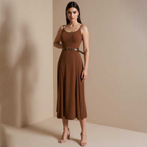 Retro Maillard Belt Halter Dress