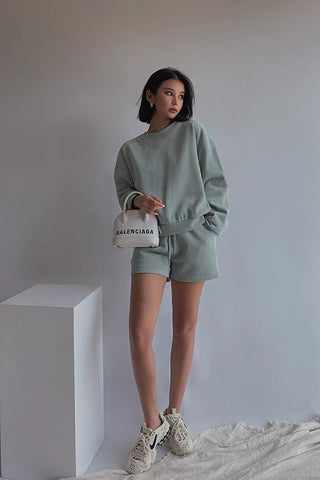 Solid Long Sleeve Sweater Sweatshirt and Drawstring Waist Short Two Piece Set