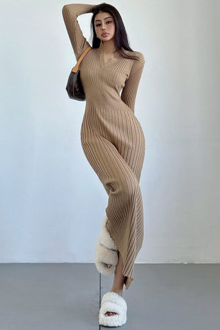 V-Neck Long Sleeve Knit Sweater Dress