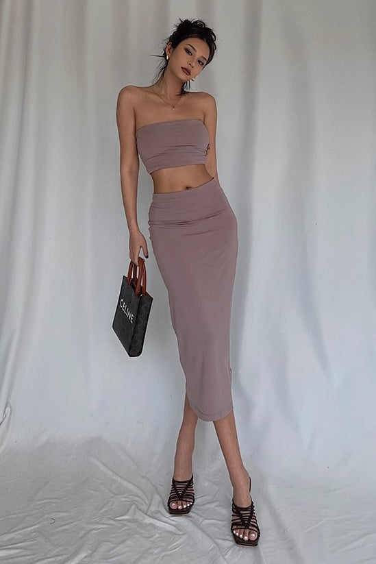 Outfit Crop Bandeau Tube Top and Bodycon Skirt Two Piece Set