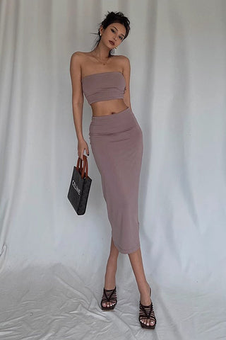 Outfit Crop Bandeau Tube Top und Bodycon Rock Zweiteiliges Set