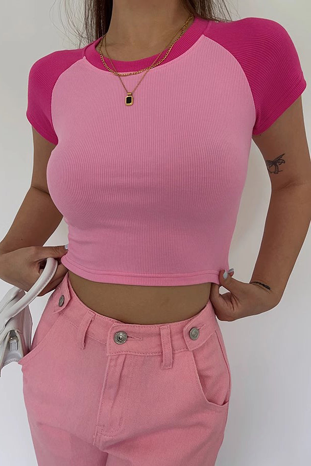 Short Sleeve Crew Neck Contrast Crop Tank Tops