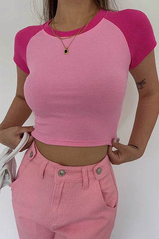 Short Sleeve Crew Neck Contrast Crop Tank Tops