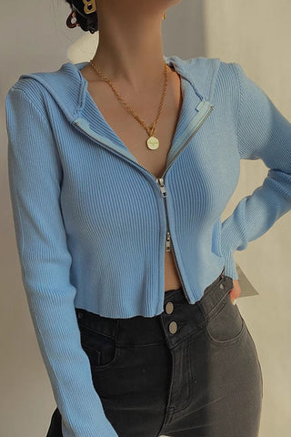 Rib-knit Zip Up Sweater Crop Top Shirt