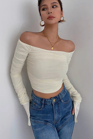 Off Shoulder Pleated Crop Tops Shirt