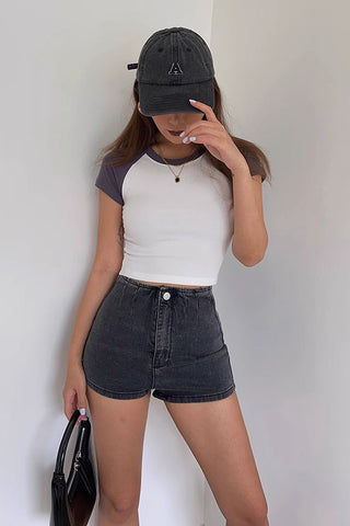 Short Sleeve Crew Neck Contrast Crop Tank Tops