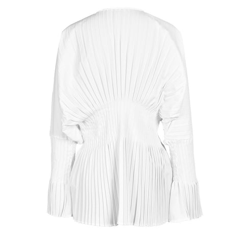 Architectural Pleated Balloon Sleeve V Neck Belted Zip Up Jacket