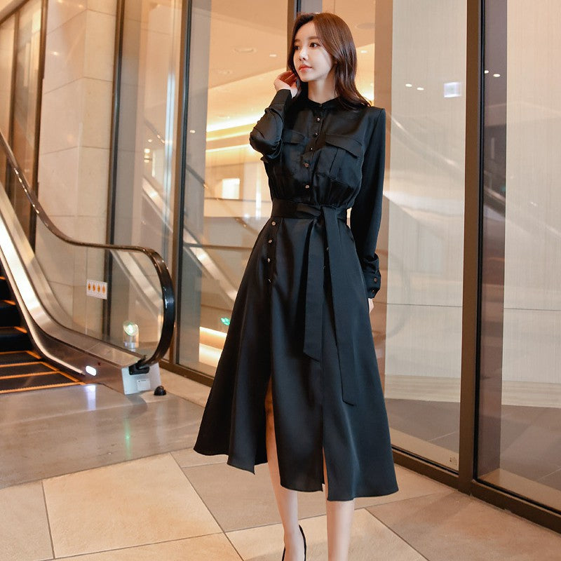 A Line Turn Down Collar Black Vegan Leather Dress