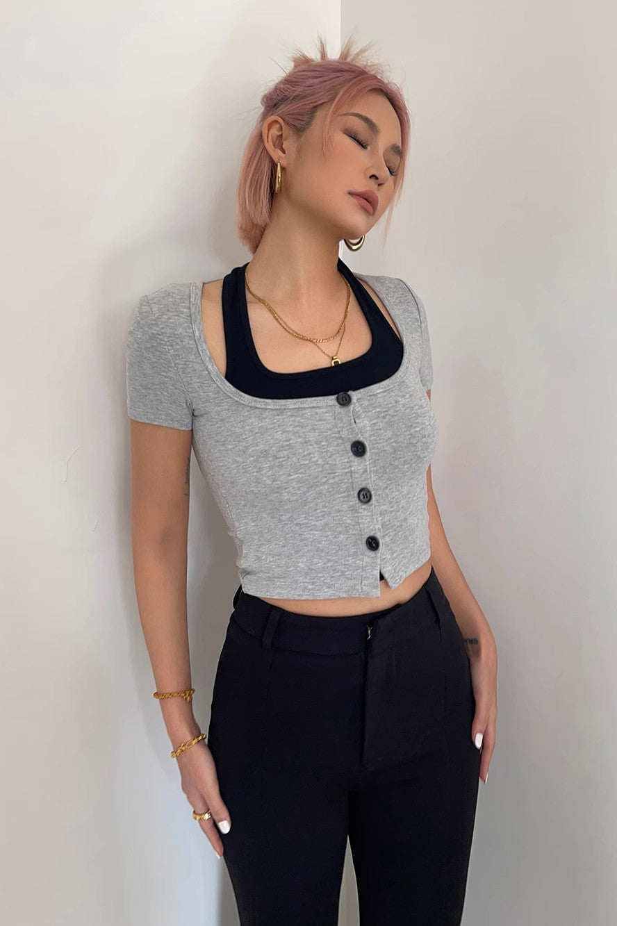 Contrast Buttoned Front Two Tops Shirt