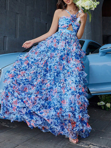 Spring Fling – Gestuftes Maxikleid mit Blumenmuster und Rüschen