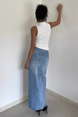 Retro Slant Pocket Split Hem Denim Skirt