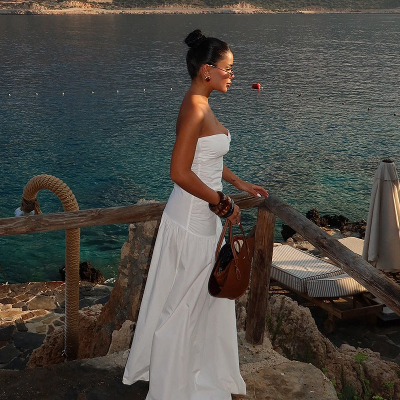 Beach style holiday tube top hollow dress