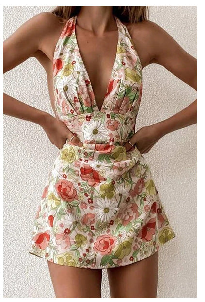 V-Neck Sleeveless Floral Print Suspender Dress